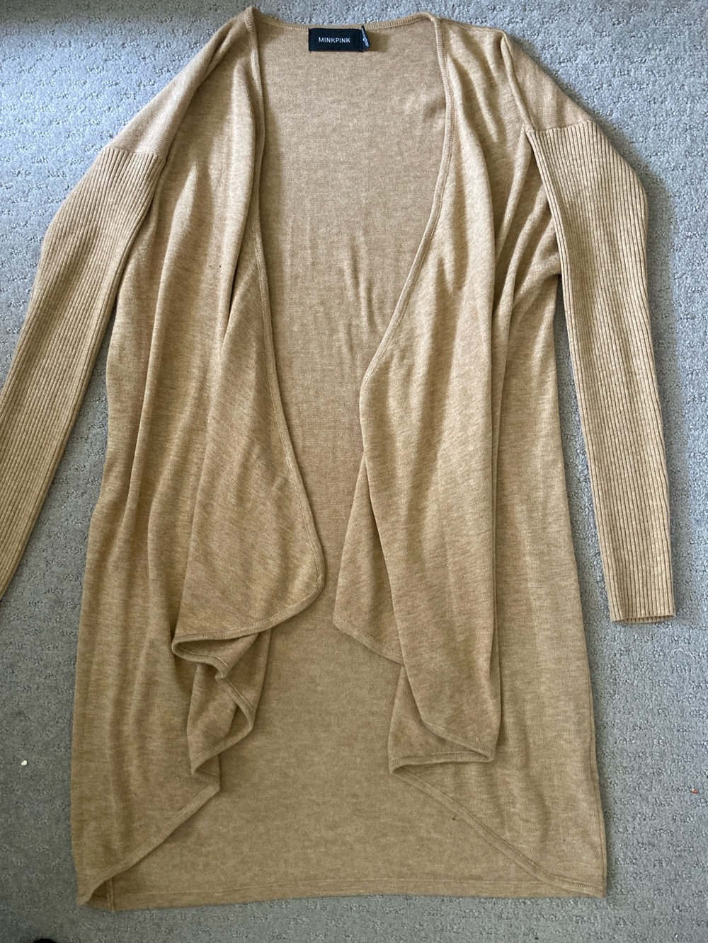 MINKPINK tan open-front long cardigan, Small
